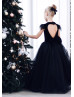 Black Velvet Feather Keyhole Back Flower Girl Dress